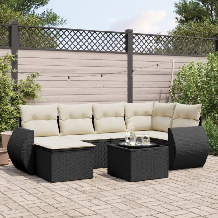 Salon de jardin 7 pcs avec coussins noir résine tressée – Image 1