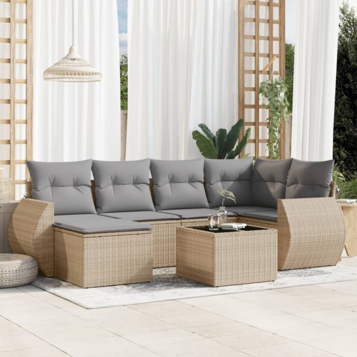 Salon de jardin avec coussins 7 pcs beige résine tressée – Image 1