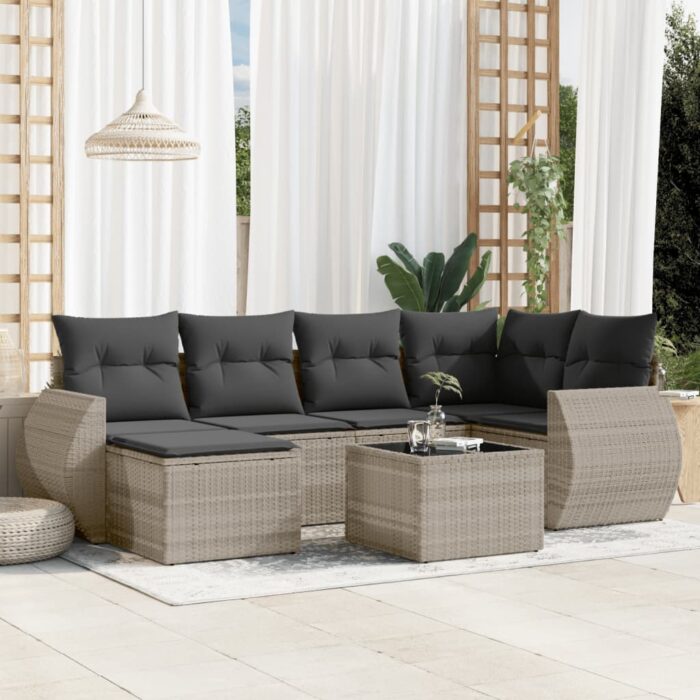 Salon de jardin avec coussins 7 pcs gris clair résine tressée – Image 1