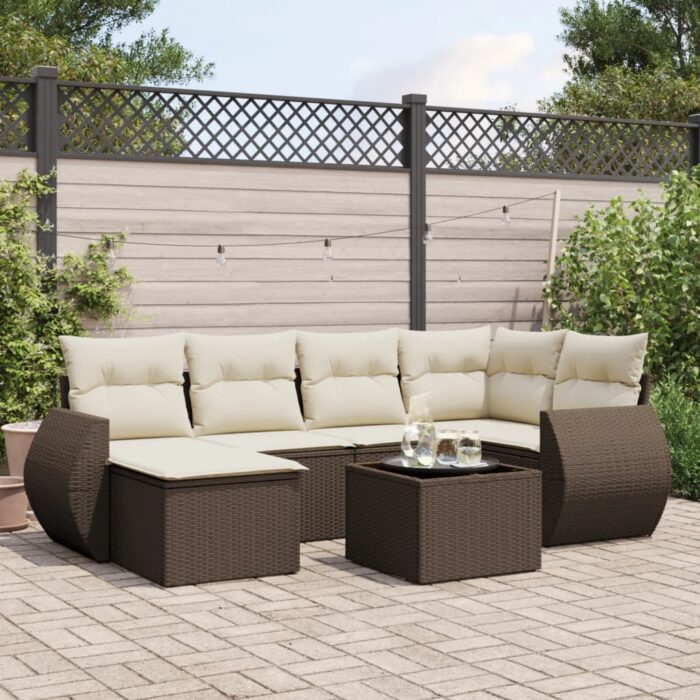 Salon de jardin avec coussins 7 pcs marron résine tressée – Image 1