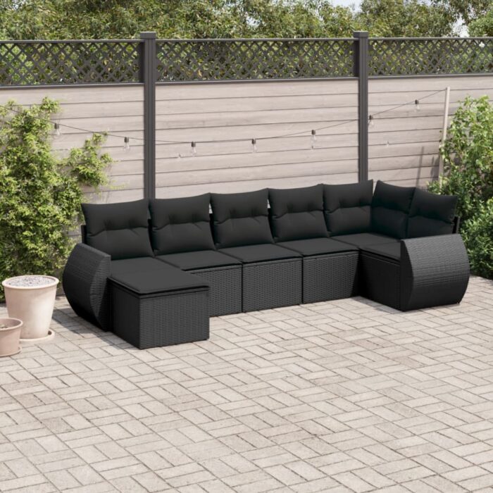 Salon de jardin 7 pcs avec coussins noir résine tressée – Image 1