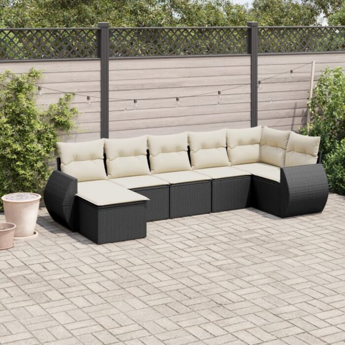Salon de jardin 7 pcs avec coussins noir résine tressée – Image 1