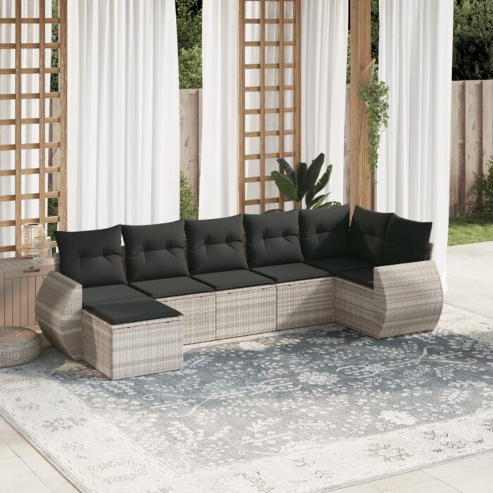 Salon de jardin avec coussins 7 pcs gris clair résine tressée – Image 1