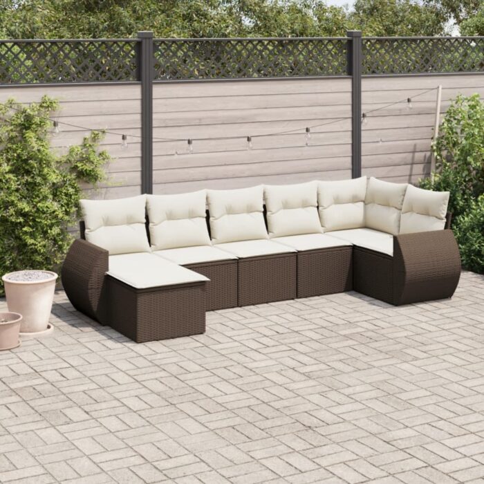 Salon de jardin avec coussins 7 pcs marron résine tressée – Image 1