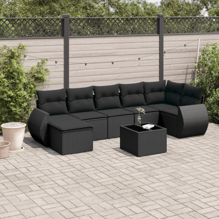 Salon de jardin 8 pcs avec coussins noir résine tressée – Image 1