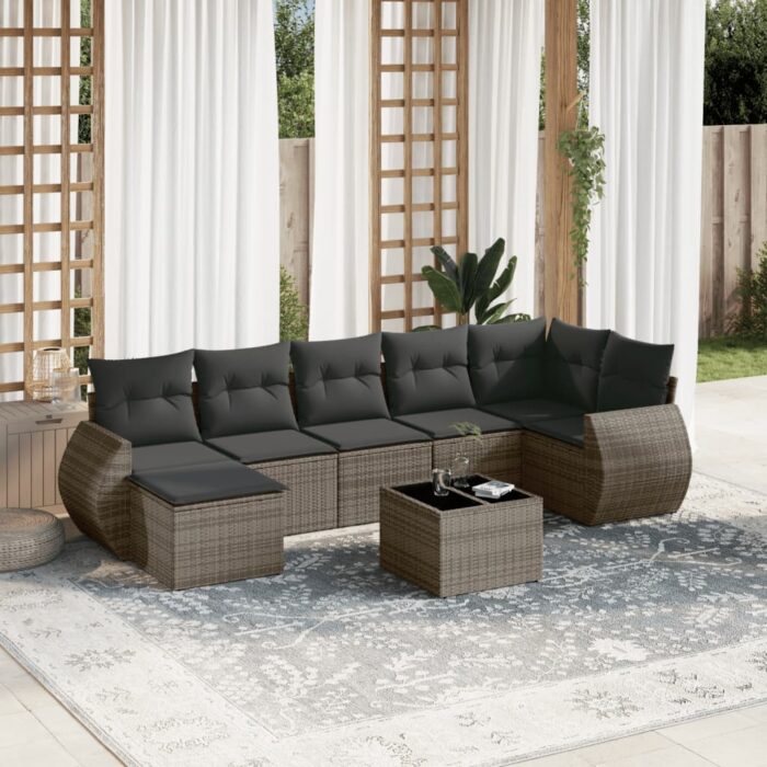 Salon de jardin 8 pcs avec coussins gris résine tressée – Image 1
