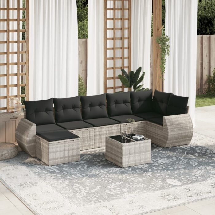 Salon de jardin 8 pcs avec coussins gris clair résine tressée – Image 1