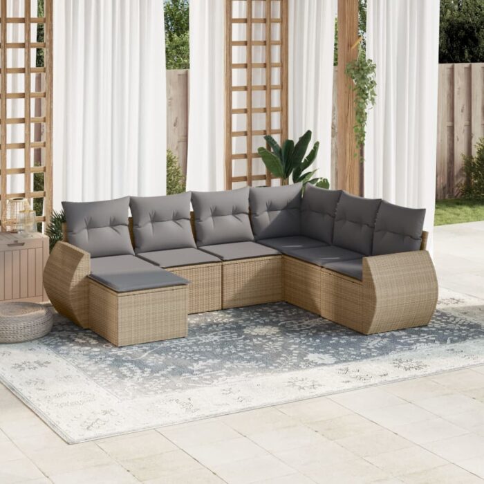 Salon de jardin avec coussins 7 pcs beige résine tressée – Image 1