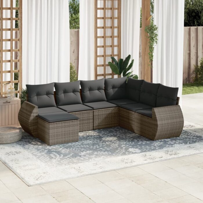 Salon de jardin avec coussins 7 pcs gris résine tressée – Image 1