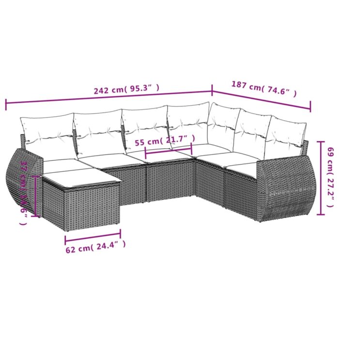 Salon de jardin avec coussins 7 pcs gris clair résine tressée – Image 6