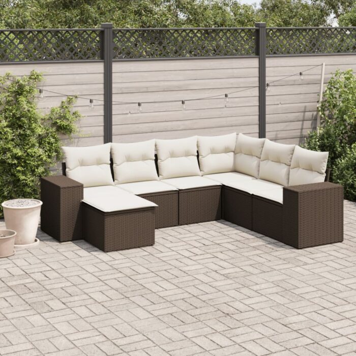 Salon de jardin avec coussins 7 pcs marron résine tressée – Image 1