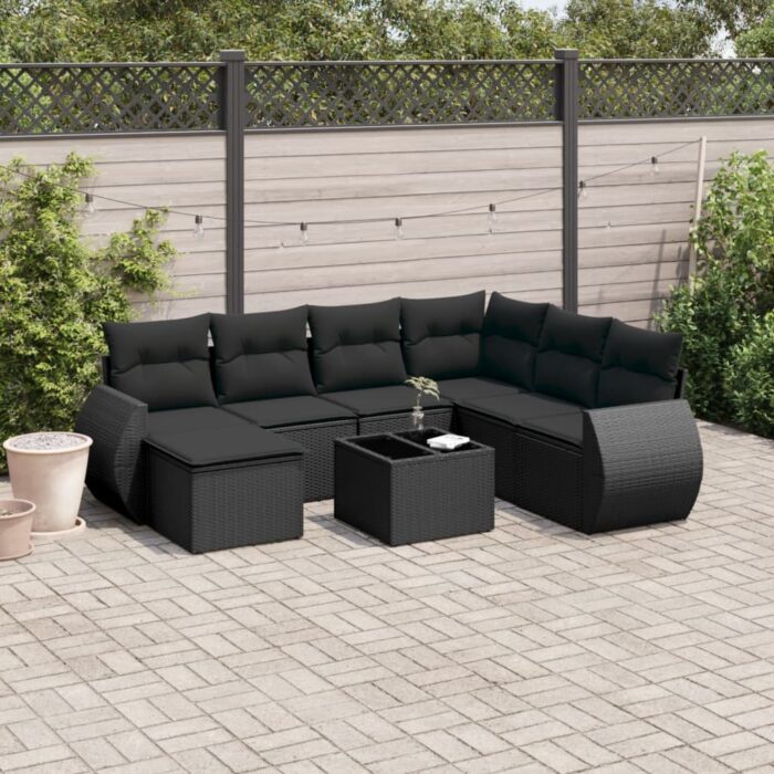 Salon de jardin 8 pcs avec coussins noir résine tressée – Image 1