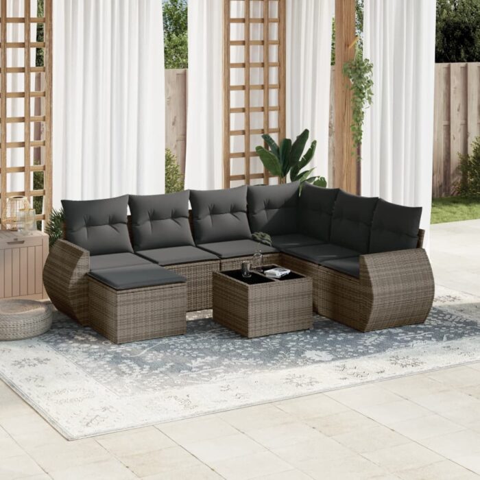 Salon de jardin 8 pcs avec coussins gris résine tressée – Image 1