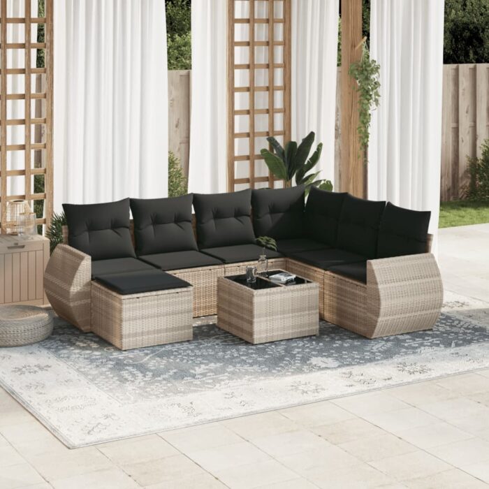 Salon de jardin 8 pcs avec coussins gris clair résine tressée – Image 1