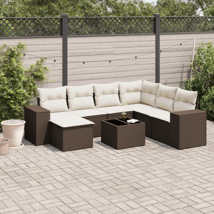 Salon de jardin 8 pcs avec coussins marron résine tressée – Image 1
