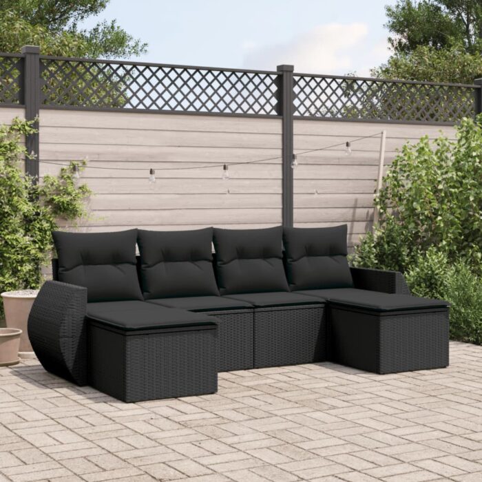 Salon de jardin 6 pcs avec coussins noir résine tressée – Image 1