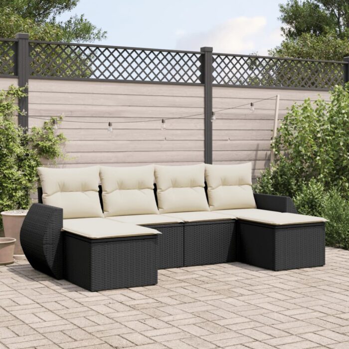 Salon de jardin 6 pcs avec coussins noir résine tressée – Image 1