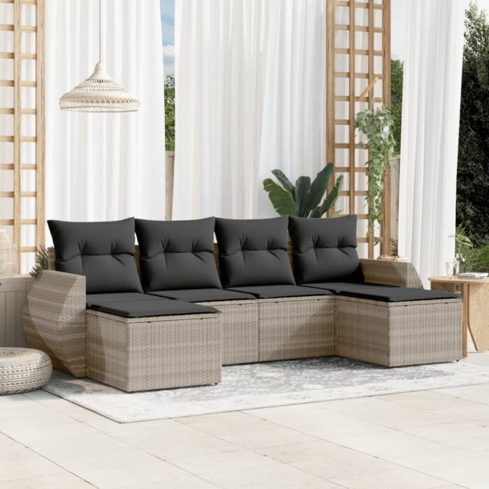 Salon de jardin 6 pcs avec coussins gris clair résine tressée – Image 1
