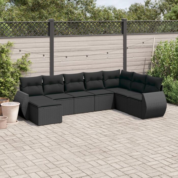 Salon de jardin 8 pcs avec coussins noir résine tressée – Image 1