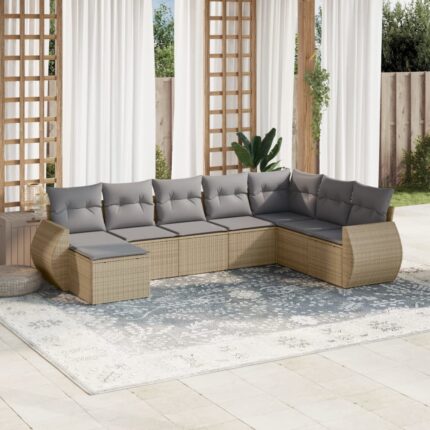 Salon de jardin avec coussins 8 pcs beige résine tressée