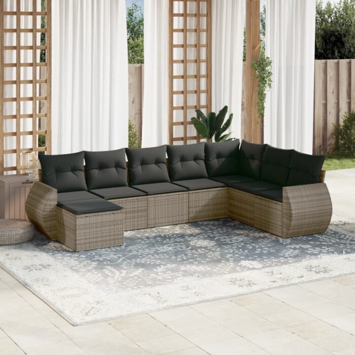Salon de jardin 8 pcs avec coussins gris résine tressée – Image 1