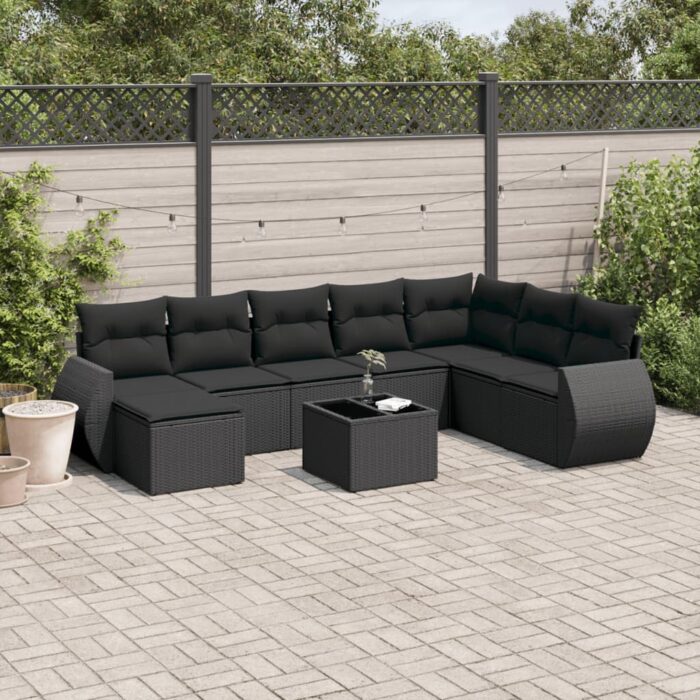 Salon de jardin 9 pcs avec coussins noir résine tressée – Image 1