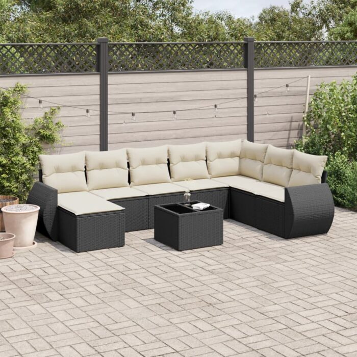 Salon de jardin 9 pcs avec coussins noir résine tressée – Image 1