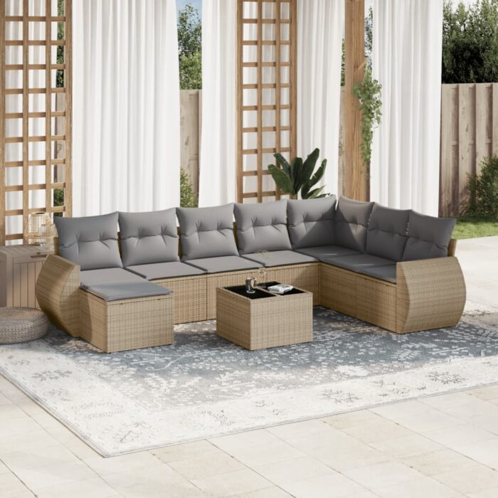 Salon de jardin avec coussins 9 pcs beige résine tressée – Image 1
