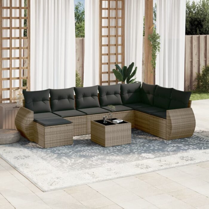 Salon de jardin 9 pcs avec coussins gris résine tressée – Image 1