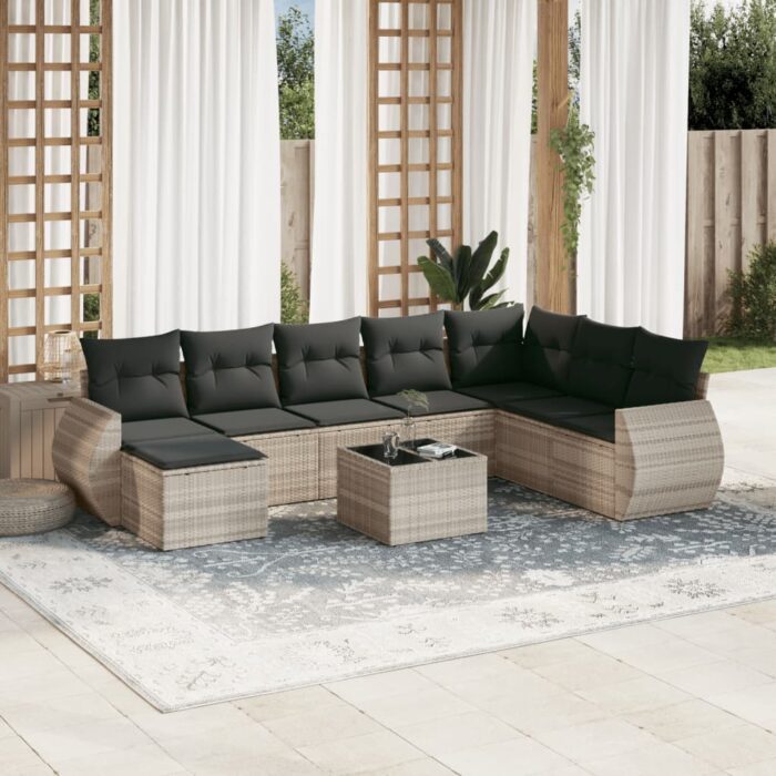 Salon de jardin 9 pcs avec coussins gris clair résine tressée – Image 1