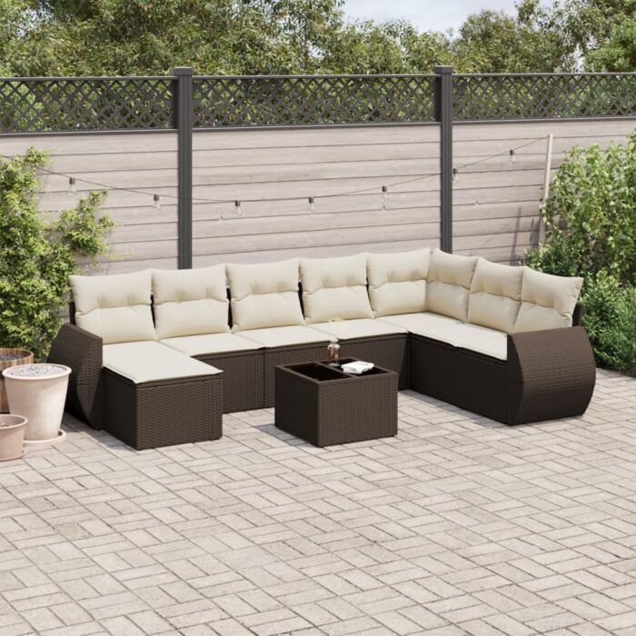 Salon de jardin avec coussins 9 pcs marron résine tressée – Image 1