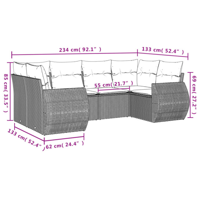 Salon de jardin 6 pcs avec coussins noir résine tressée – Image 5