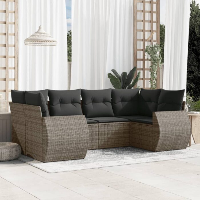 Salon de jardin 6 pcs avec coussins gris résine tressée – Image 1
