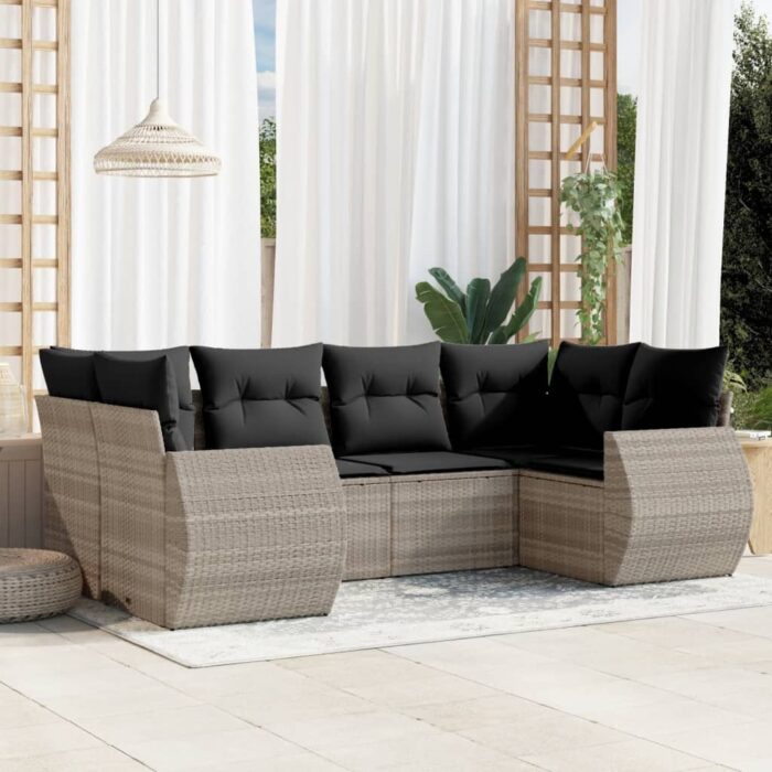 Salon de jardin 6 pcs avec coussins gris clair résine tressée – Image 1