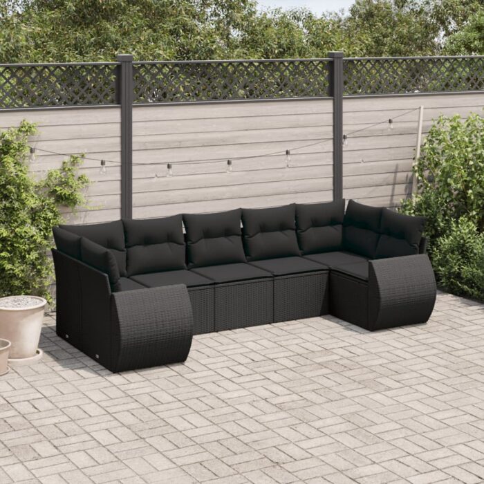 Salon de jardin 7 pcs avec coussins noir résine tressée – Image 1