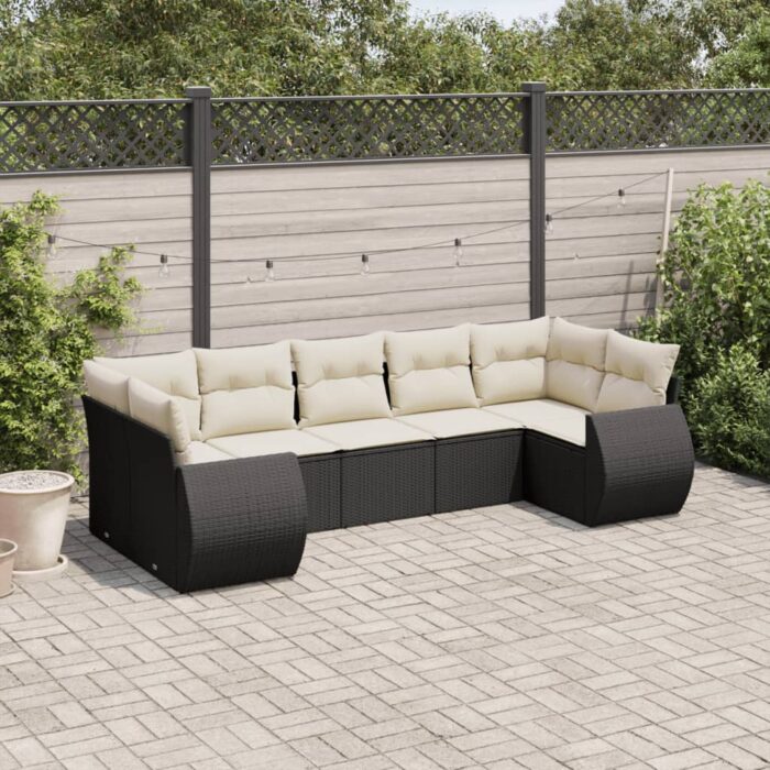 Salon de jardin 7 pcs avec coussins noir résine tressée – Image 1