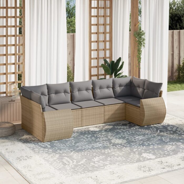 Salon de jardin avec coussins 7 pcs beige résine tressée – Image 1