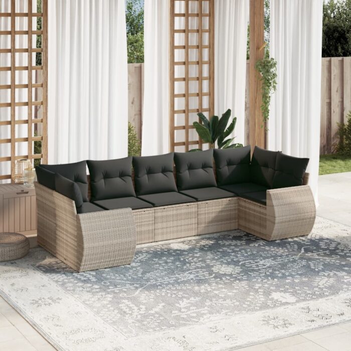 Salon de jardin avec coussins 7 pcs gris clair résine tressée – Image 1