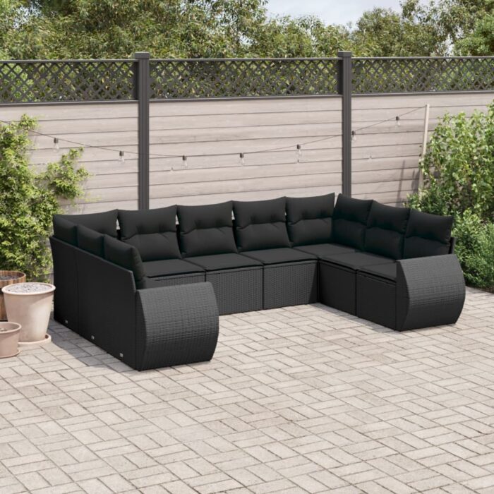 Salon de jardin 9 pcs avec coussins noir résine tressée – Image 1