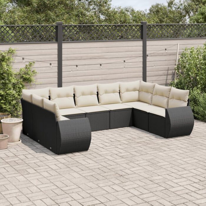 Salon de jardin 9 pcs avec coussins noir résine tressée – Image 1