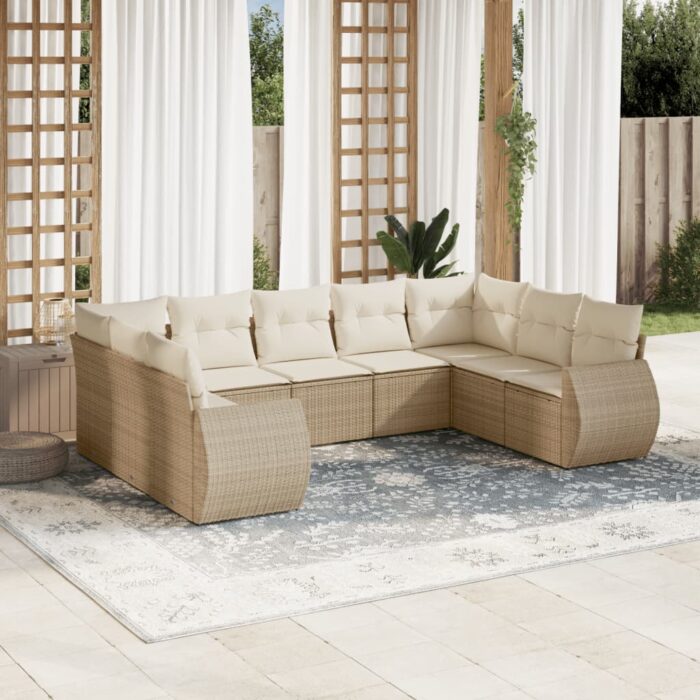 Salon de jardin avec coussins 9 pcs beige résine tressée – Image 1