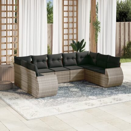 Salon de jardin 9 pcs avec coussins gris résine tressée