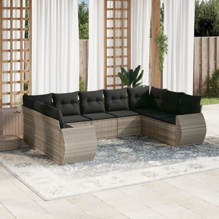 Salon de jardin 9 pcs avec coussins gris clair résine tressée – Image 1