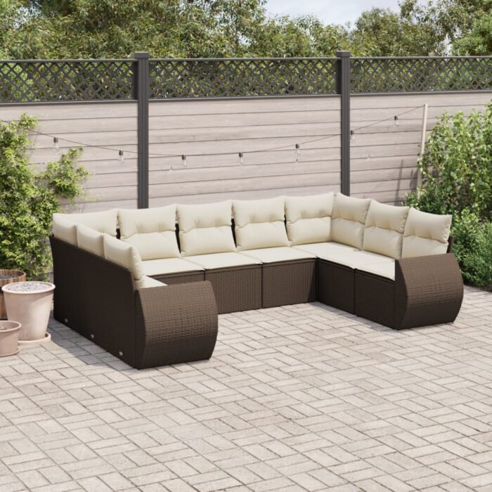Salon de jardin avec coussins 9 pcs marron résine tressée – Image 1