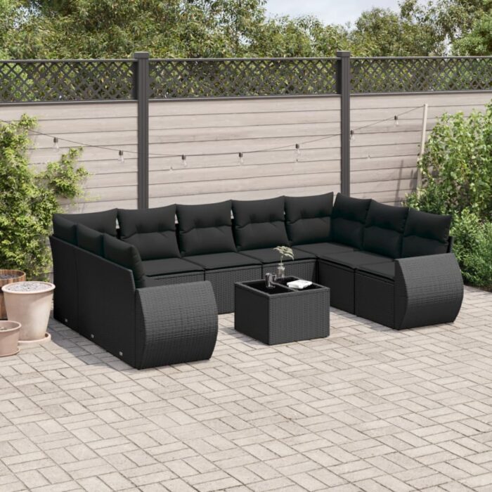 Salon de jardin 10 pcs avec coussins noir résine tressée – Image 1