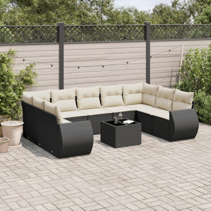 Salon de jardin 10 pcs avec coussins noir résine tressée – Image 1