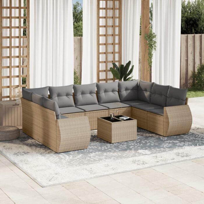 Salon de jardin avec coussins 10 pcs beige résine tressée – Image 1