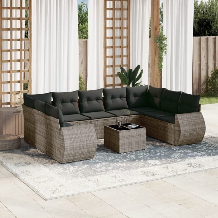 Salon de jardin avec coussins 10 pcs gris résine tressée – Image 1