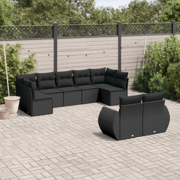 Salon de jardin 9 pcs avec coussins noir résine tressée – Image 1