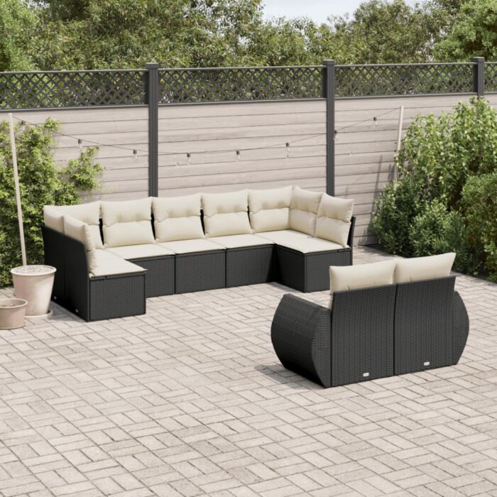 Salon de jardin 9 pcs avec coussins noir résine tressée – Image 1